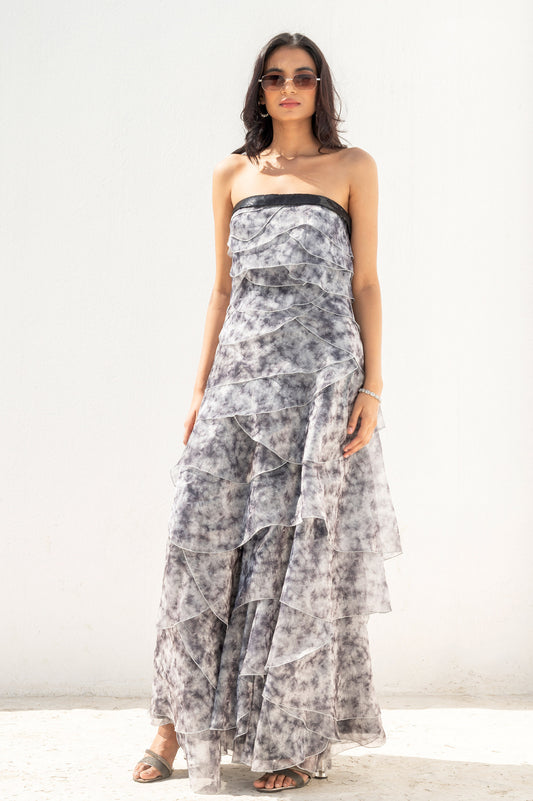 Mist flower Off White Organza Ruffled Dress