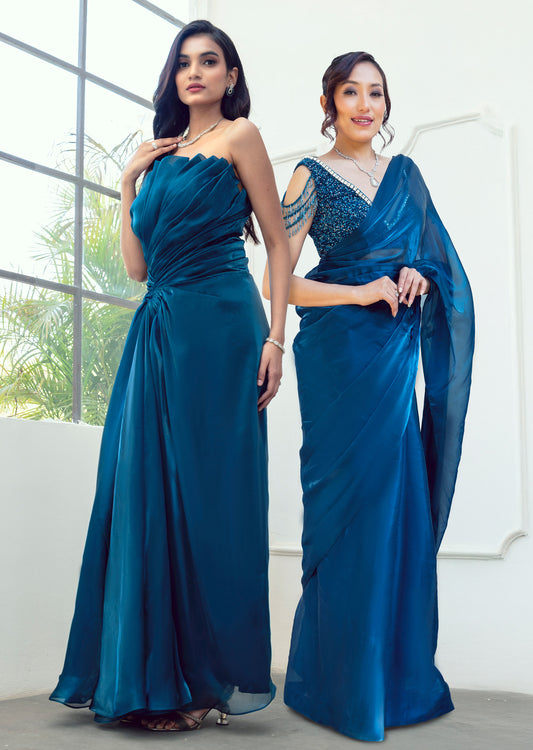 Iris Teal Glass Organza Party Wear Gown