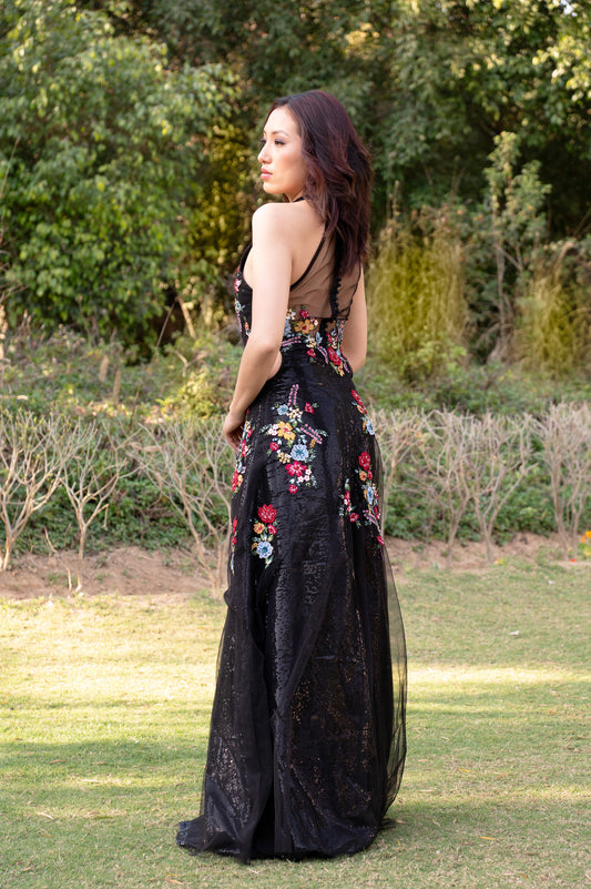 Lantana Black Tulle Floral Gown