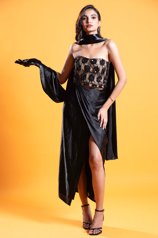 Black Satin Dahlia Party Wear Set