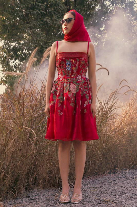Zinnia Red Satin & Organza Mini Party Wear Dress