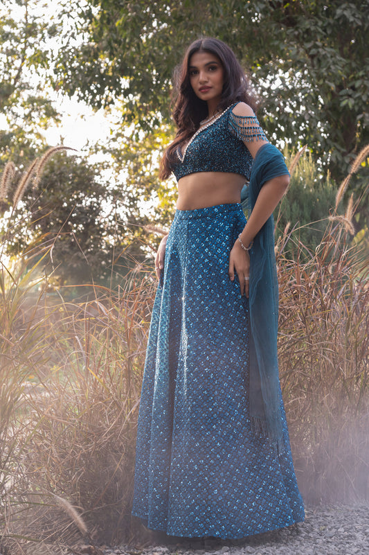 Aster Teal Blue Tulle Designer Lehenga Set