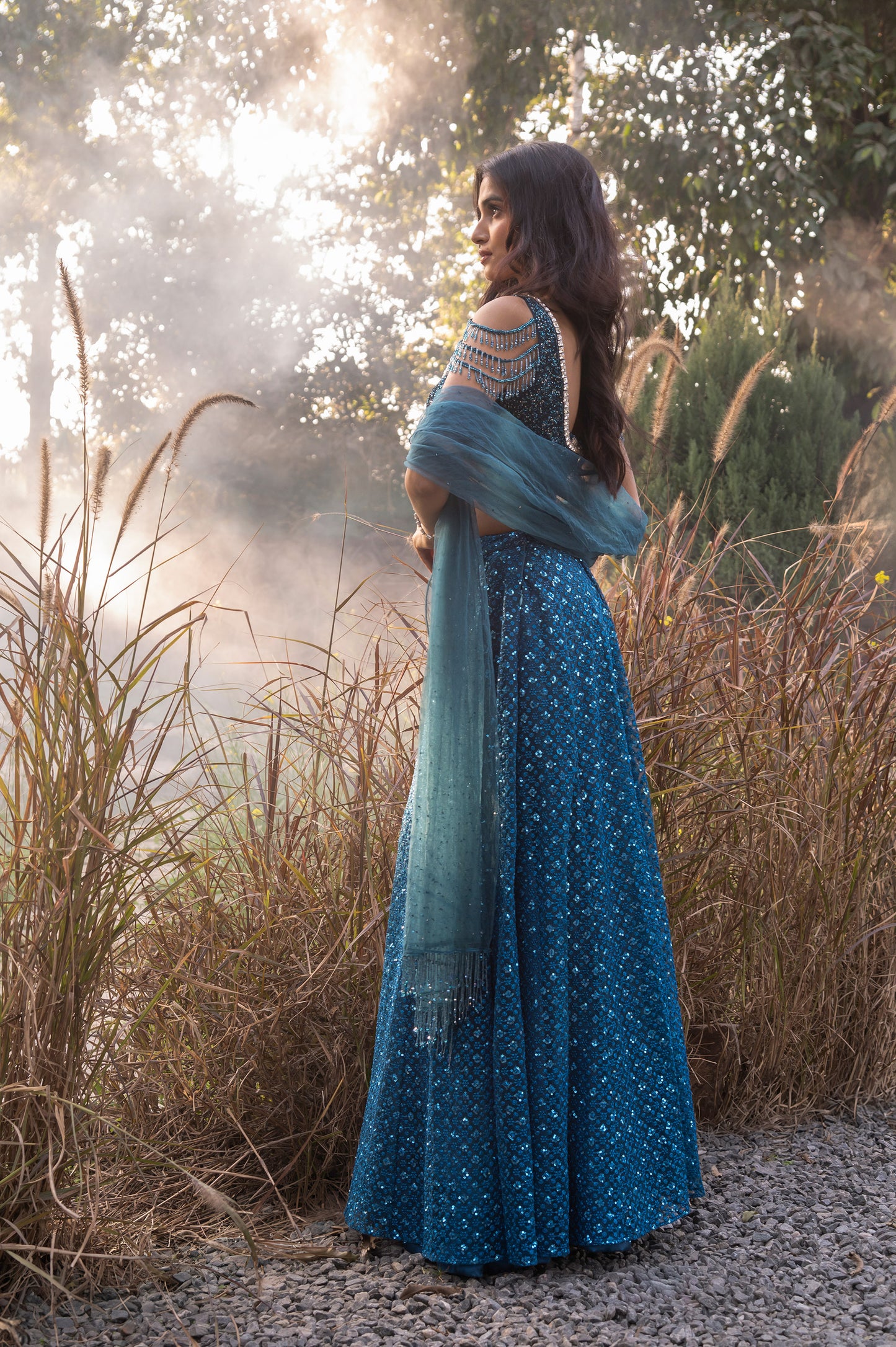 Aster Teal Blue Tulle Designer Lehenga Set