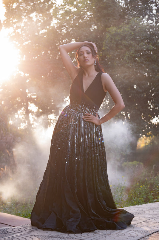 Nightshade Black Satin & Organza Sangeet Gown