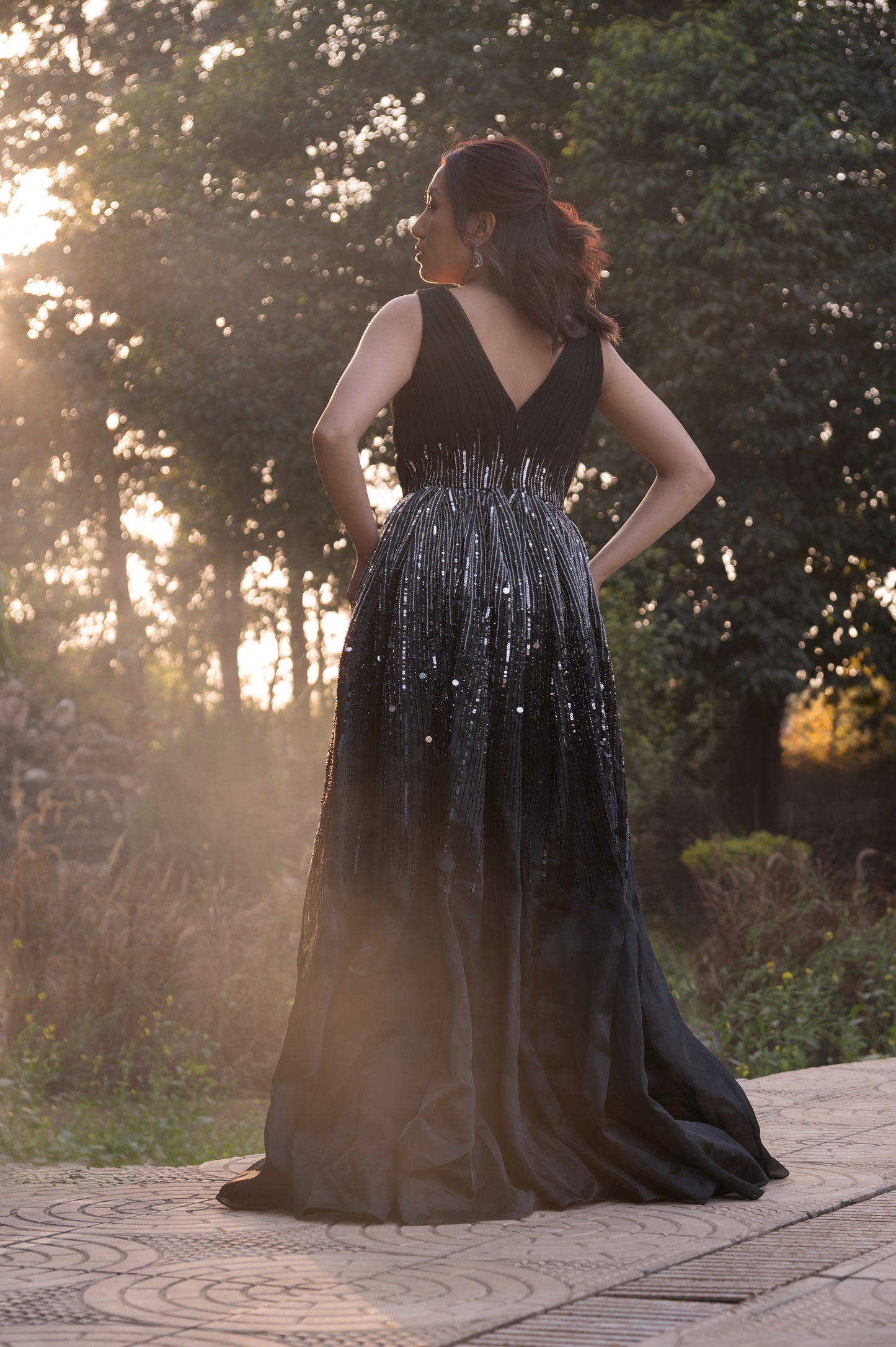 Nightshade Black Satin & Organza Sangeet Gown