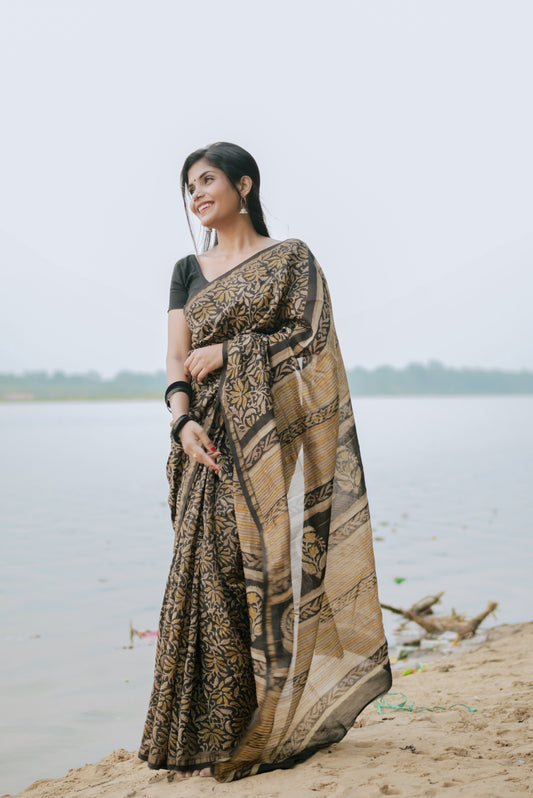 Kanishka - Black Ajhrakh Natural Dyes Handblock Printed - Chanderi Silk Saree