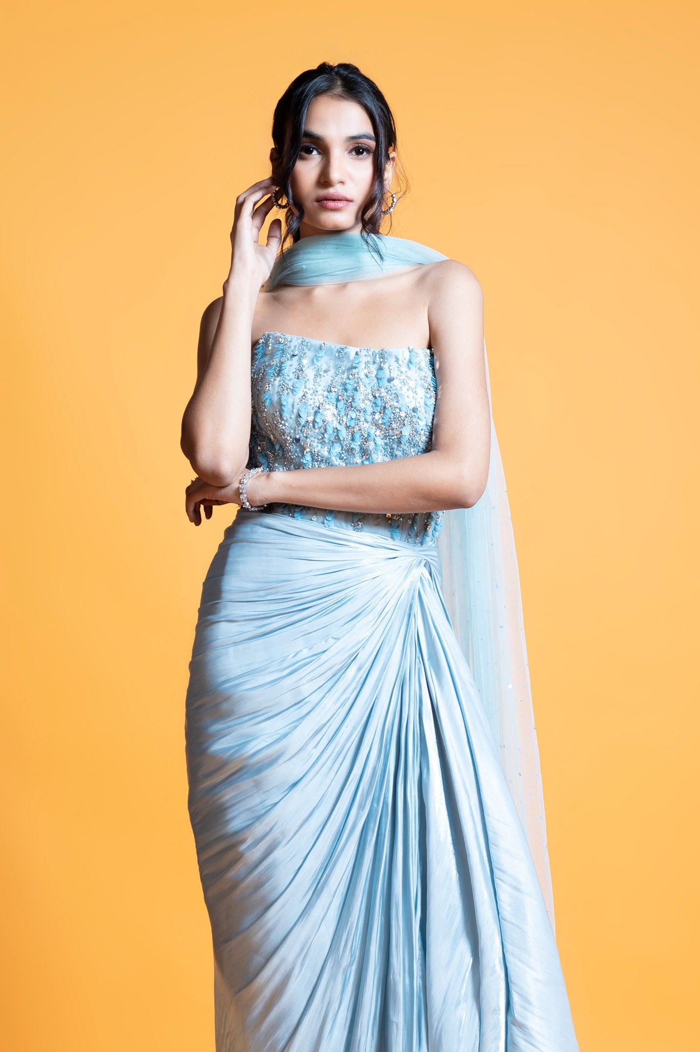 formal & gown sangeet dress for women Evening Gown For Sangeet Hydrangea Ice Blue Satin Sangeet Gown