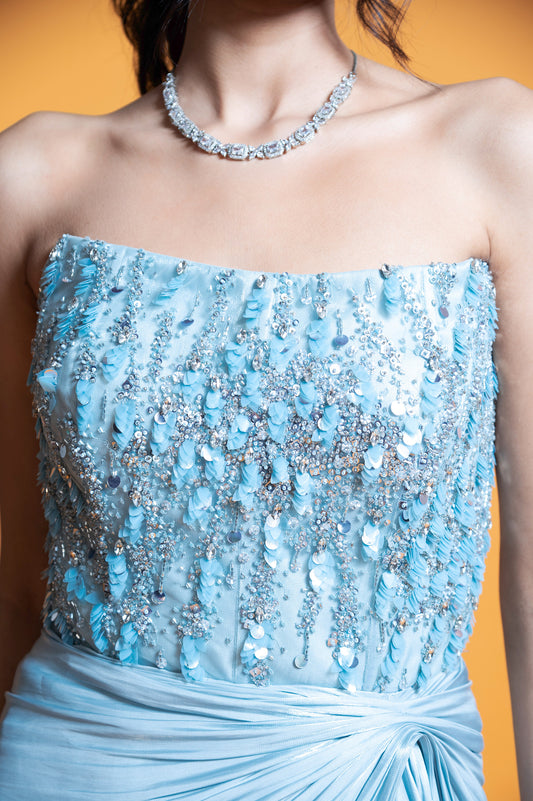 Hydrangea Ice Blue Satin Sangeet Gown