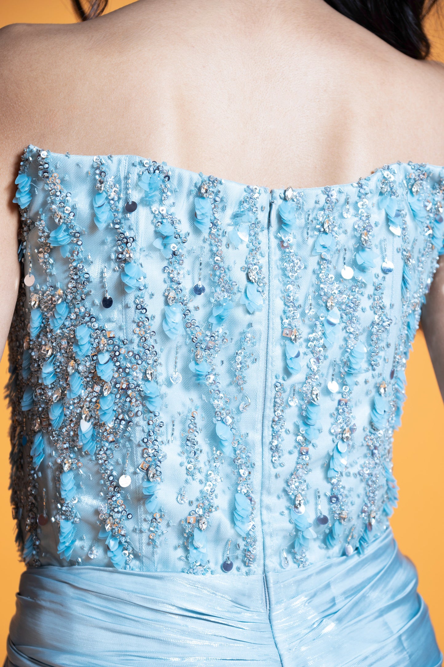 Hydrangea Ice Blue Satin Sangeet Gown