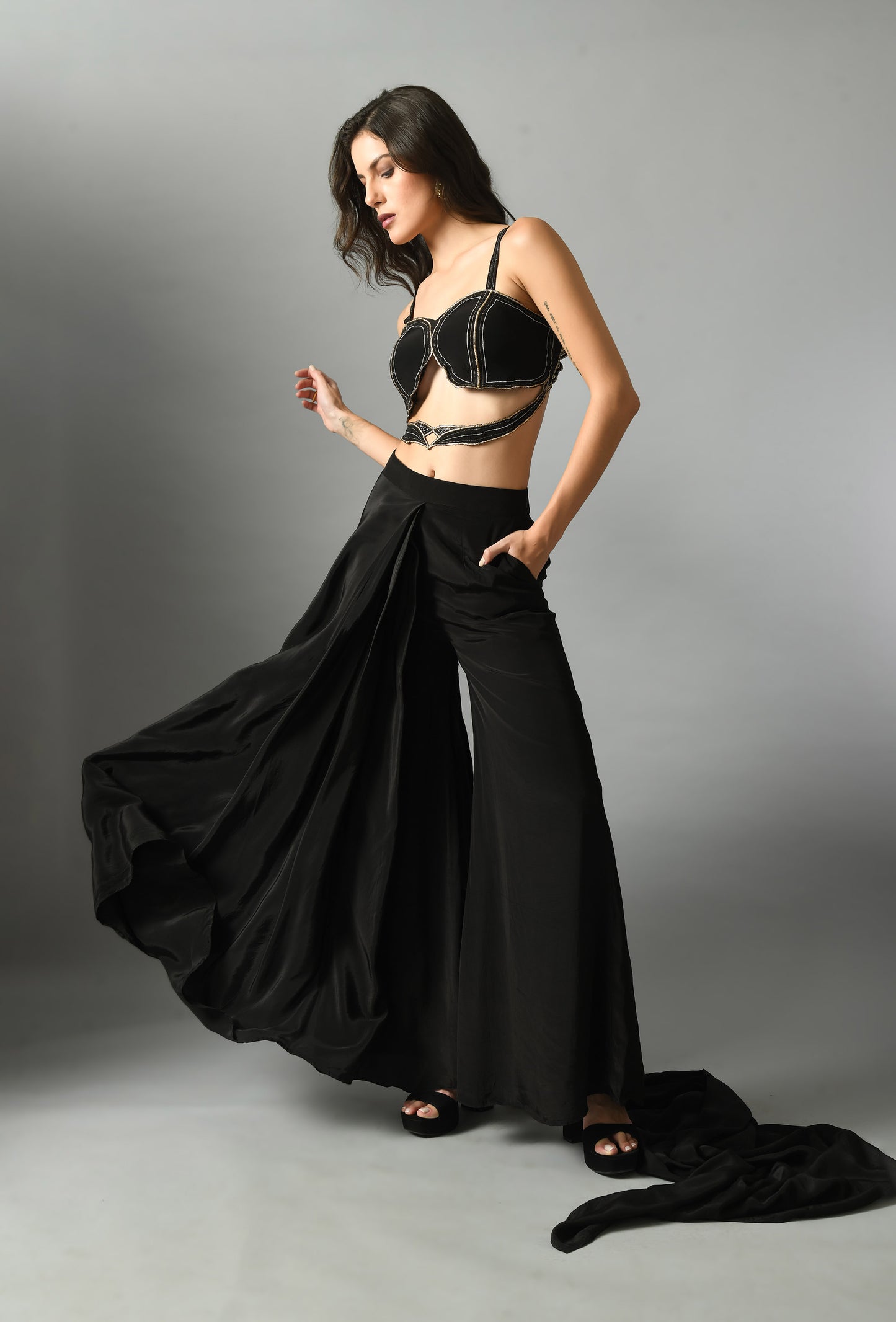 Nylah bustier with moonshine pre draped saree