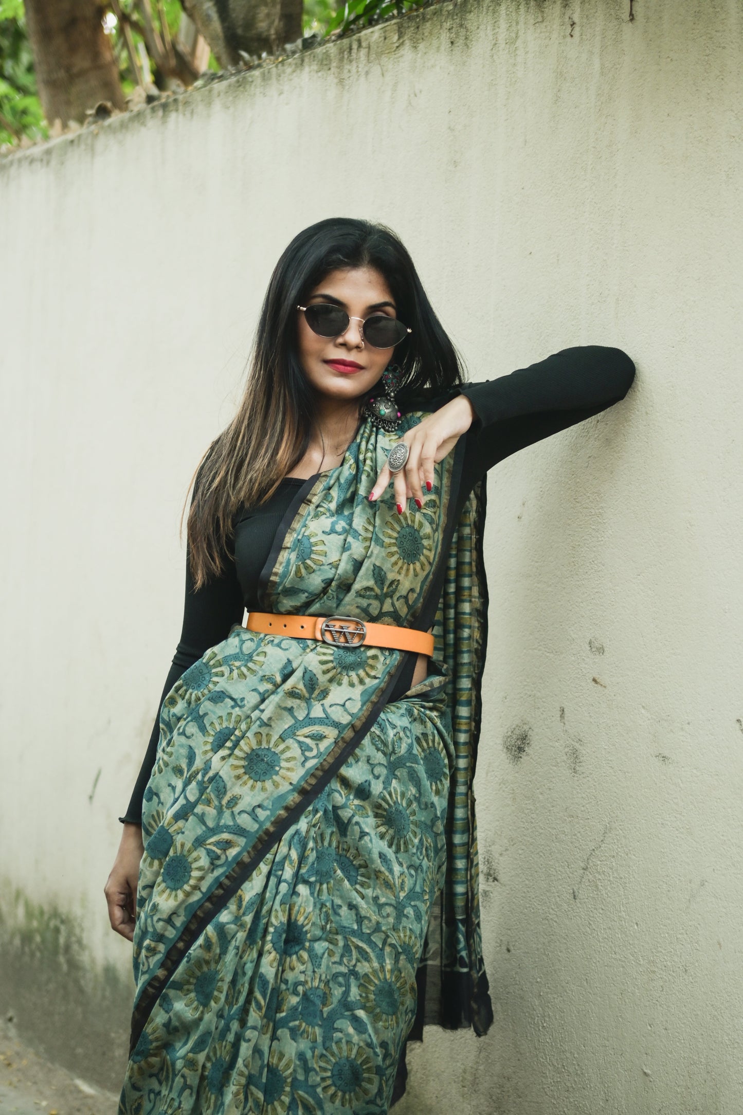 Mahika- Bagru Natural Dyes Handblock Printed - Green Chanderi Silk Saree