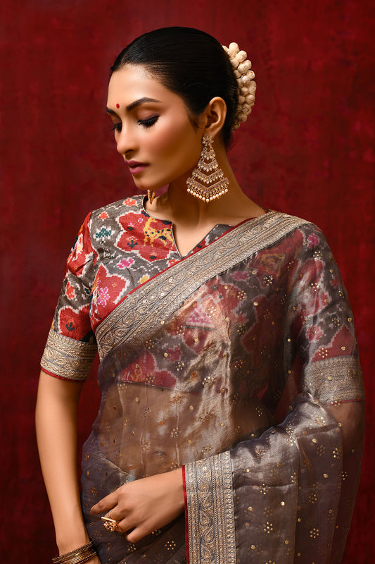 Golden Brown Tissue Foil Printed Saree