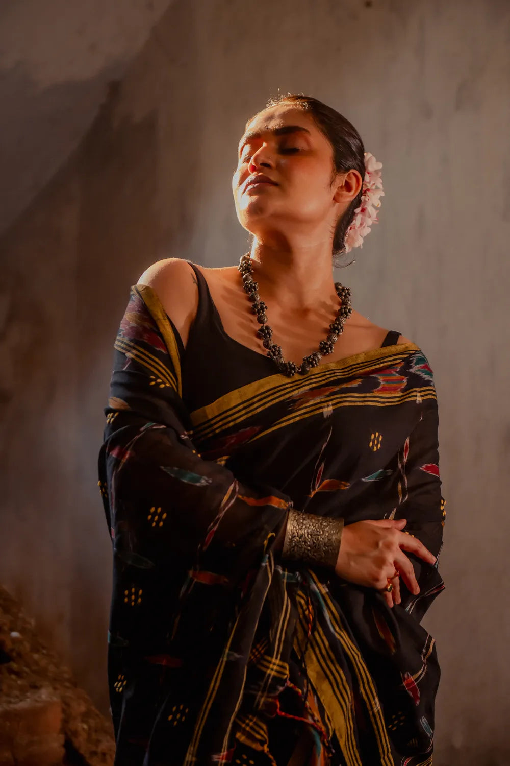 Handloom Black Pure Cotton Saree with Ikkat Border