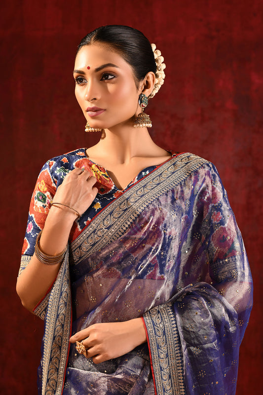 Metallic Blue Tissue Foil Printed Saree