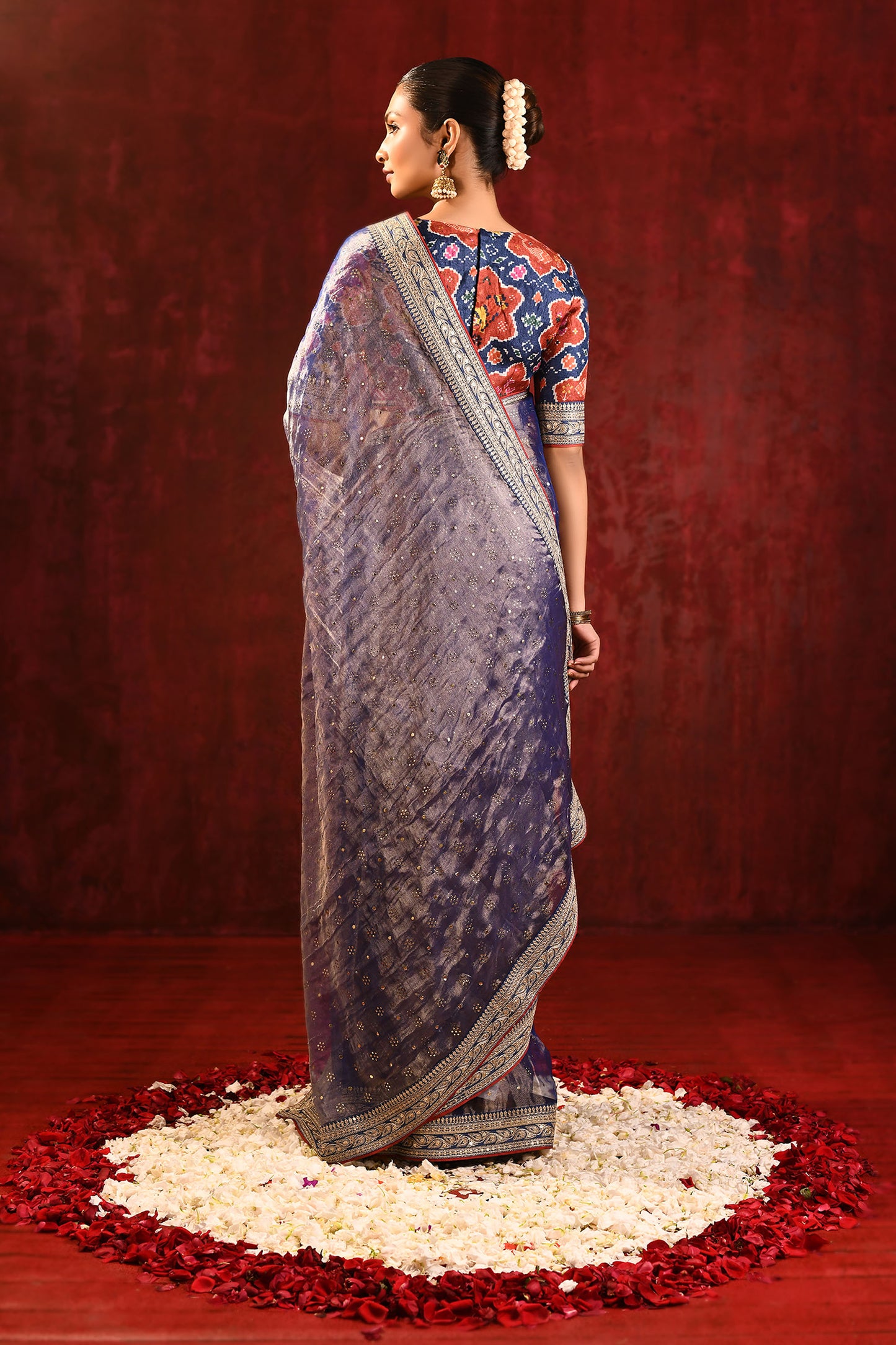 Metallic Blue Tissue Foil Printed Saree
