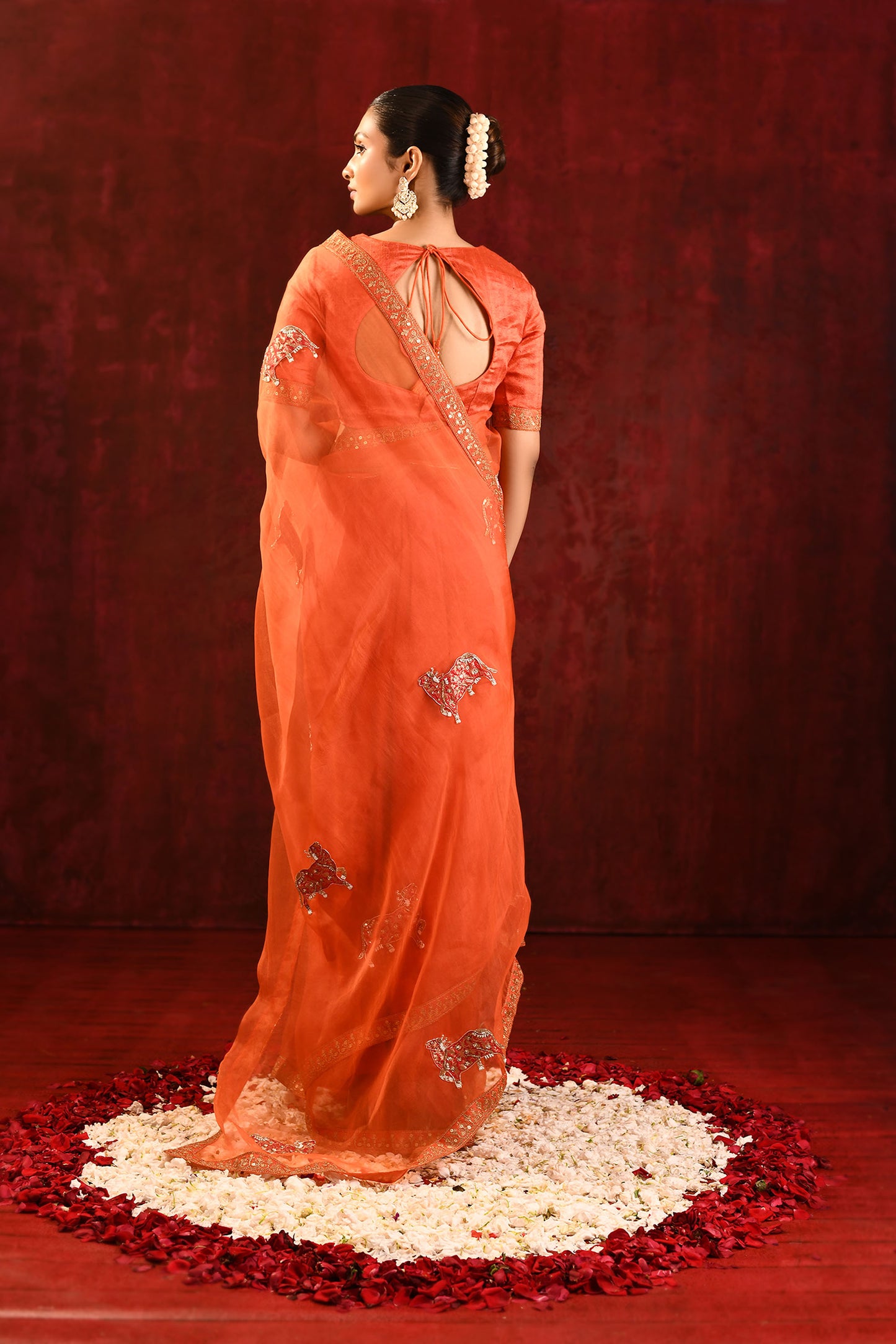 Bright Orange Embroidered Gomatha Organza Saree