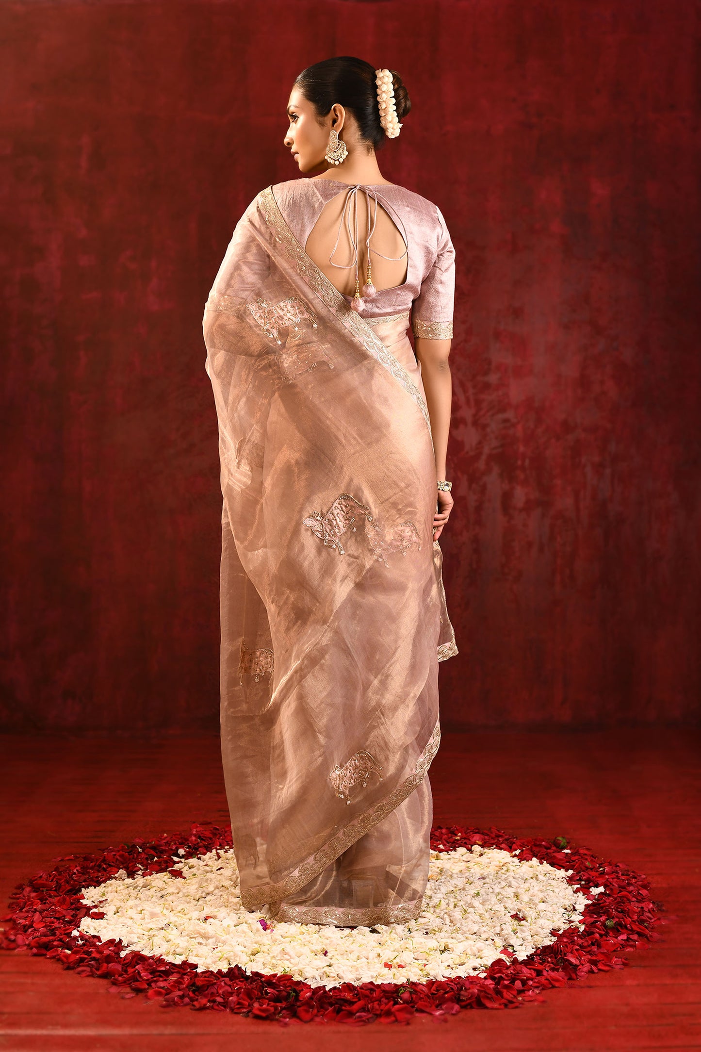 Beige Gold Embroidered Tissue Gomatha Saree