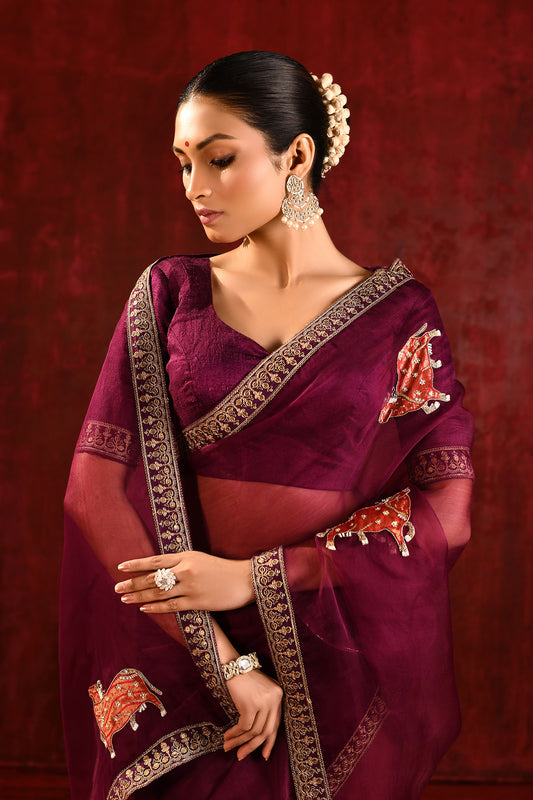 Dark Burgundy Embroidered Gomatha Organza Saree
