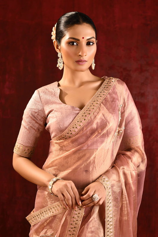 Pastel Gold Embroidered Gomatha Tissue Saree