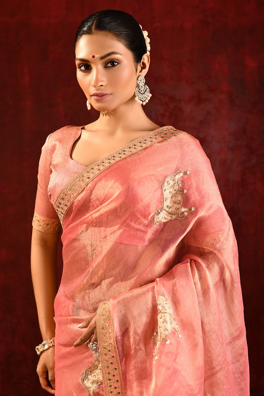 Peach Pink Floral Tissue Embroidered Saree