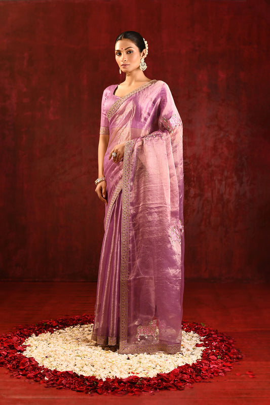 Shiny Lavender Embroidered Tissue Gomatha Saree