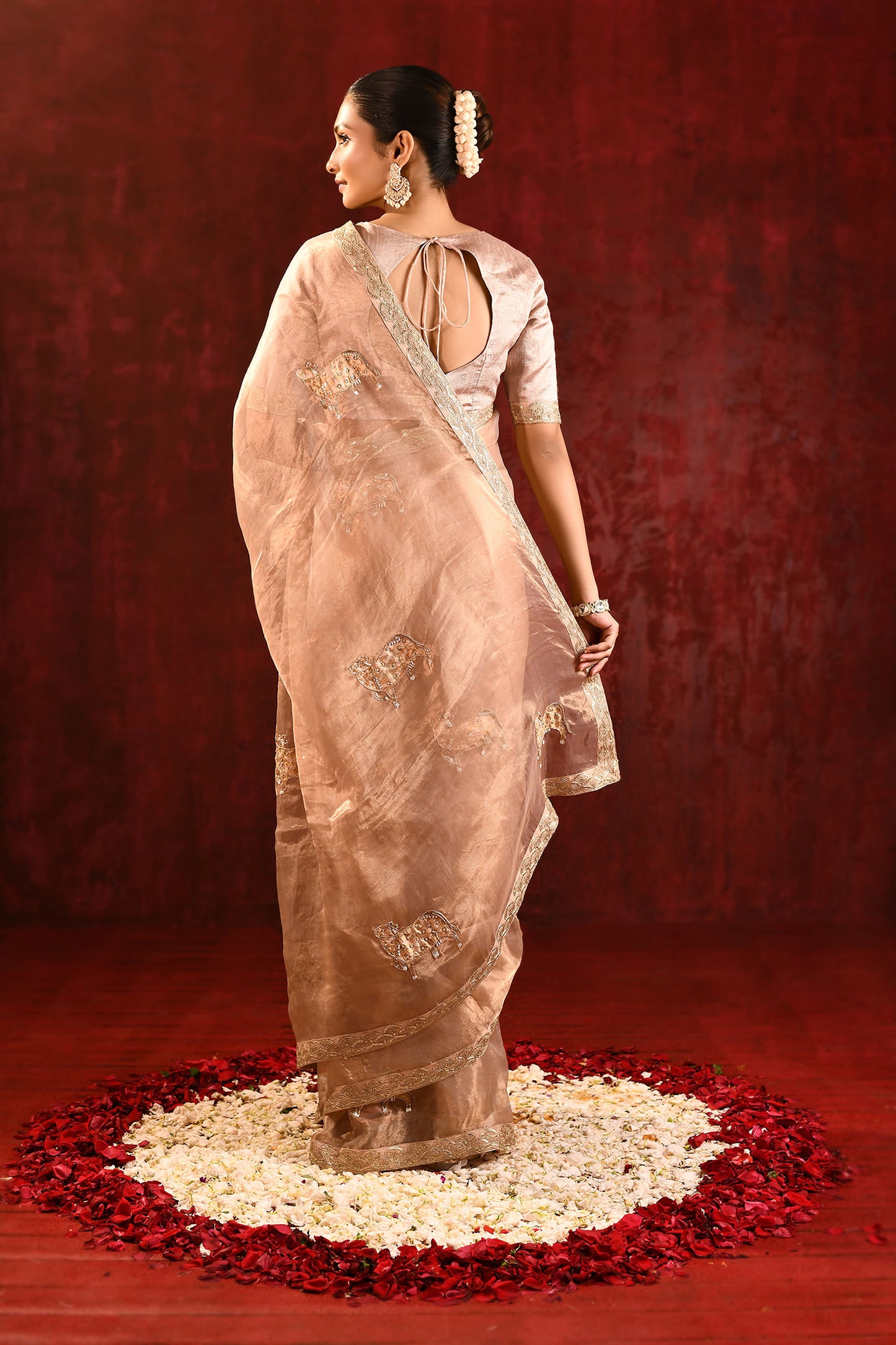 Pastel Gold Embroidered Gomatha Tissue Saree