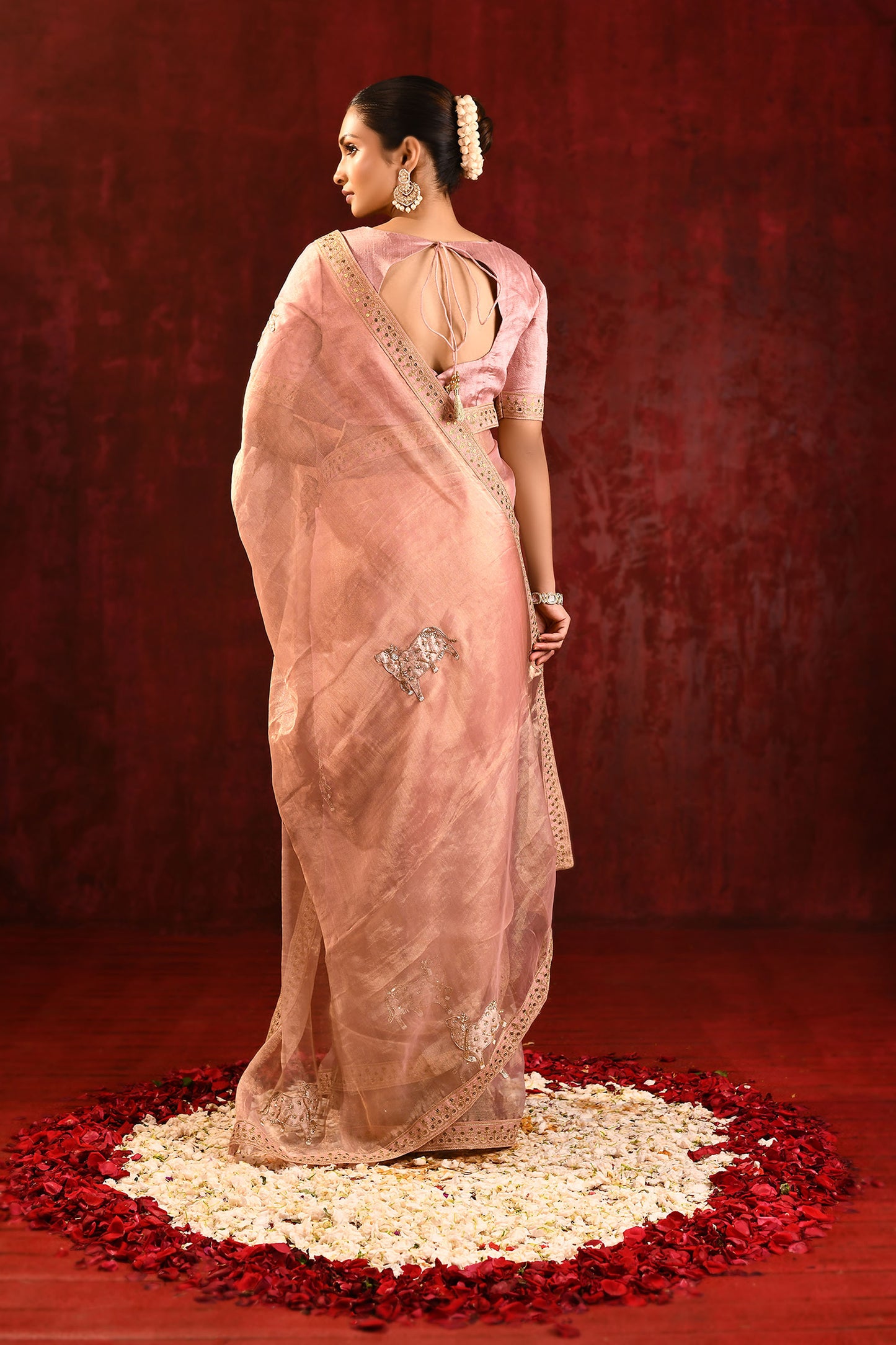Pastel Pink Embroidered Tissue Gomatha Saree