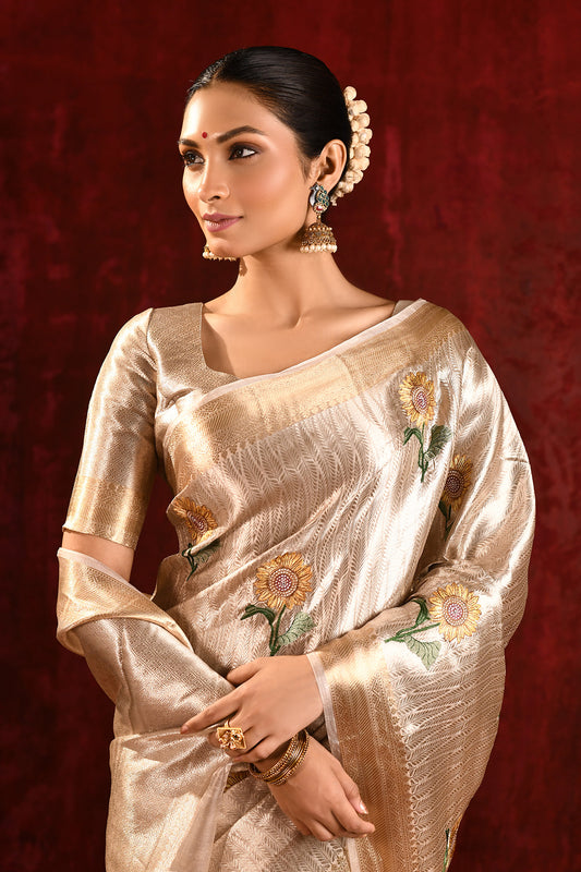 Metallic Gold Floral Tissue Embroidered Saree
