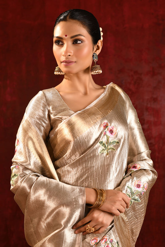 Jewel Gold Tissue Floral Embroidered Saree