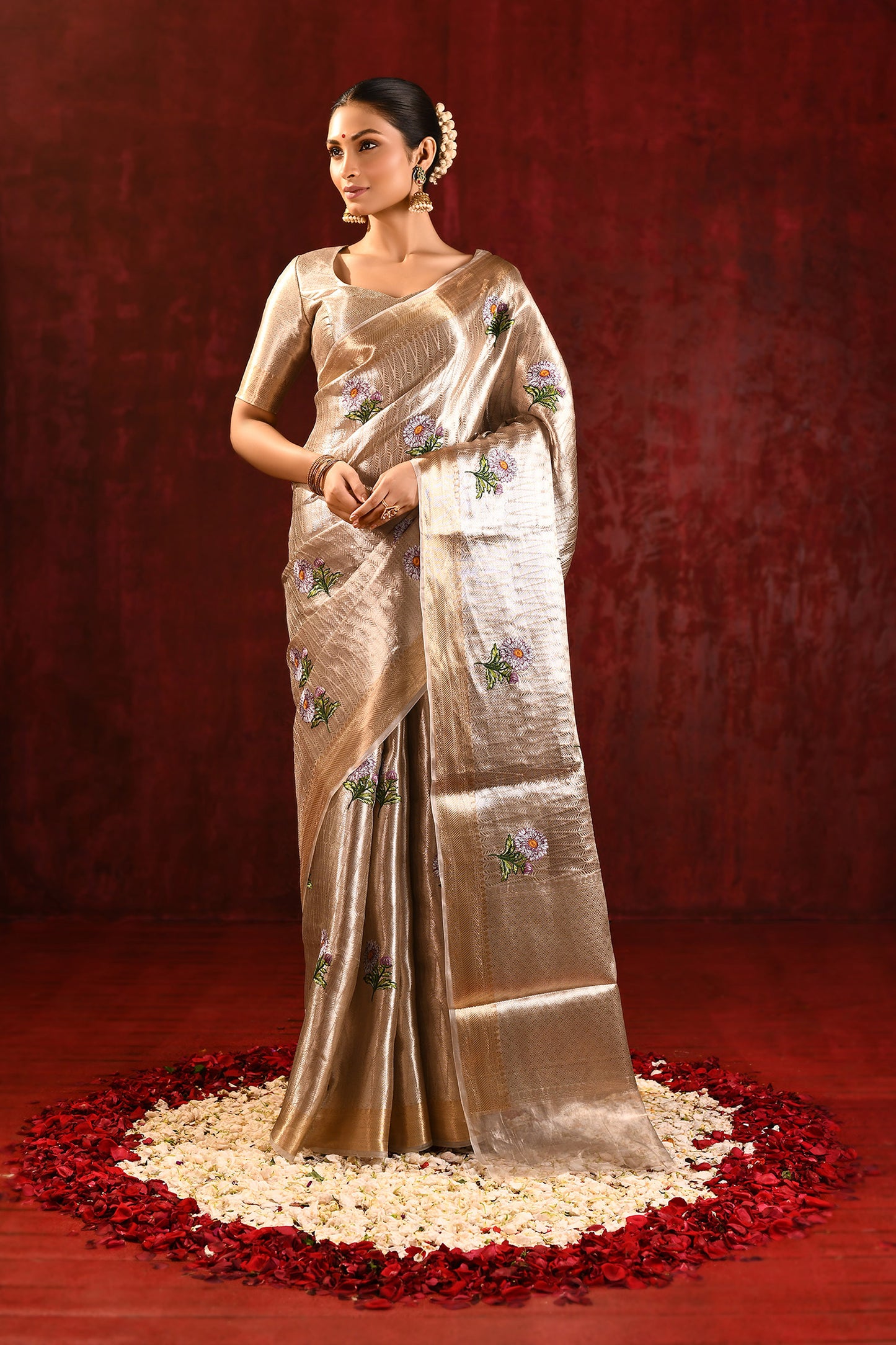 Jewel Gold Tissue Embroidered Floral Saree