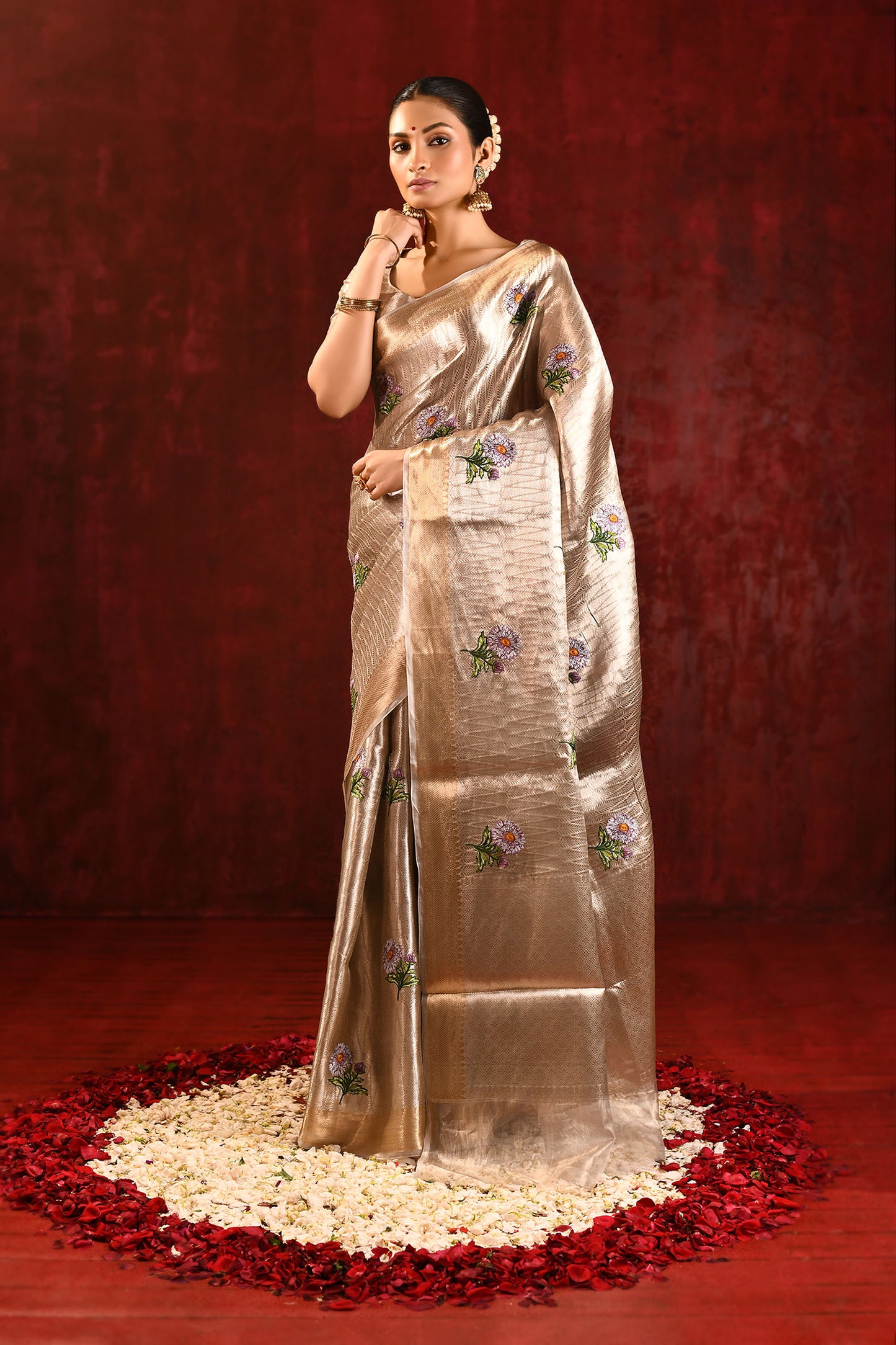 Jewel Gold Embroidered Floral Tissue Saree