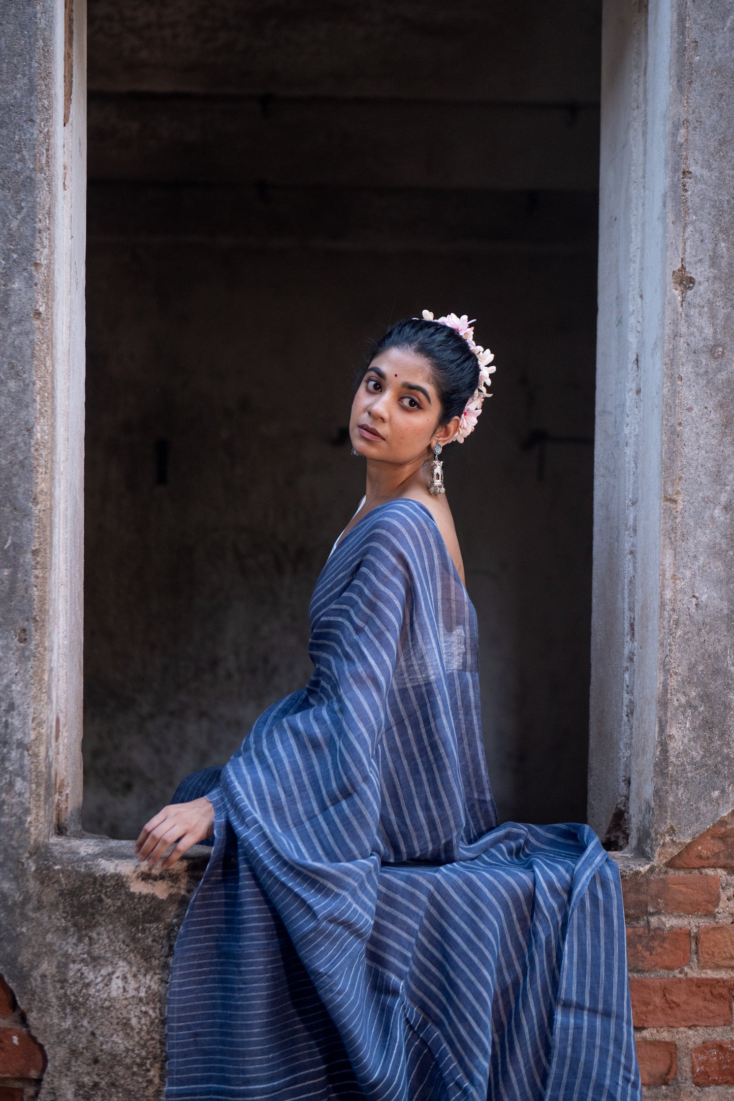 Handloom Blue Pure Linen Saree with White Stripes