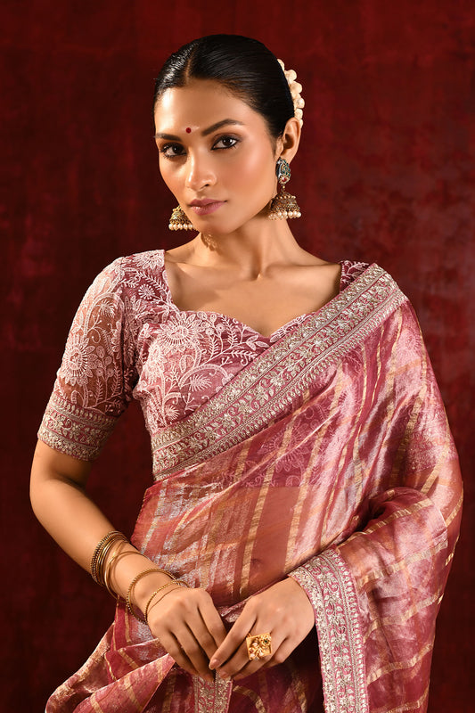 Metallic Pink Embroidered Tissue Saree