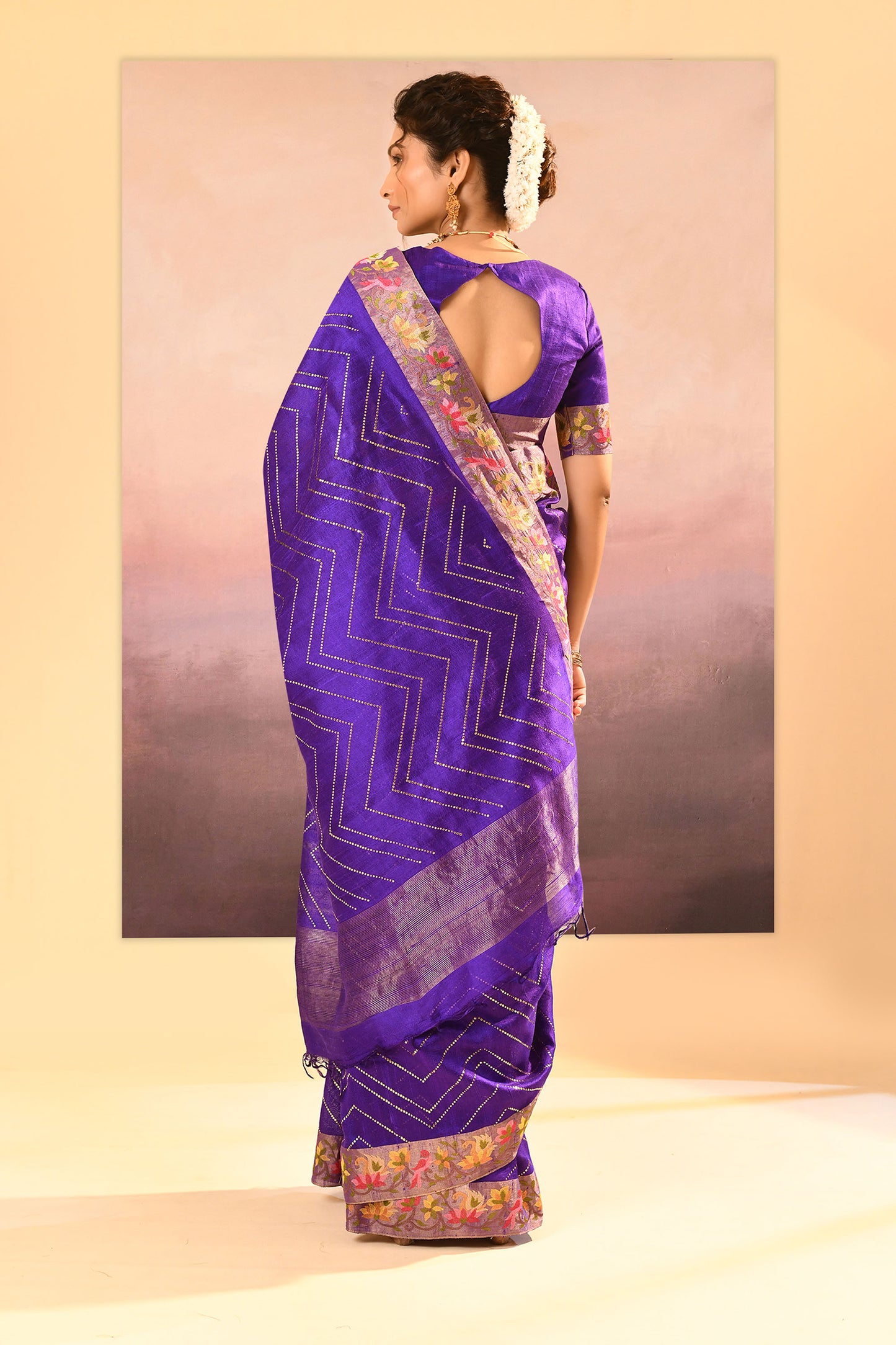 Rich Violet Foil Printed Raw Silk Saree