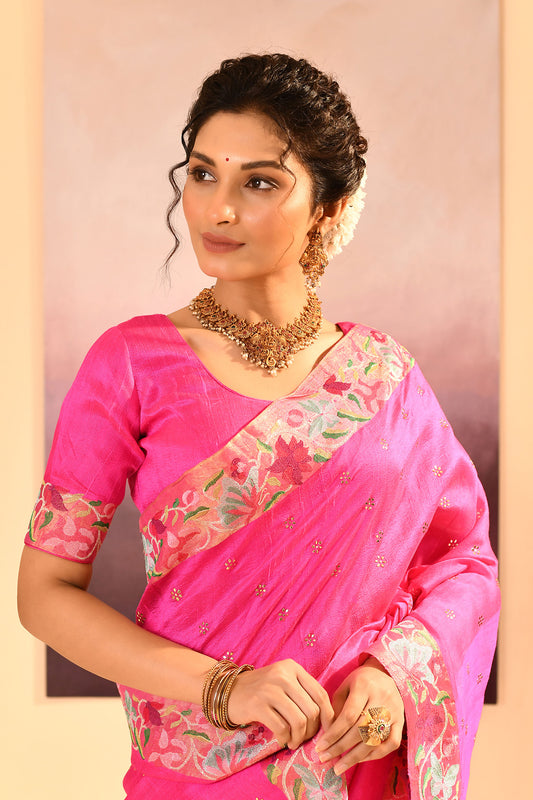 Bright Pink Dupion Silk Foil Printed Saree