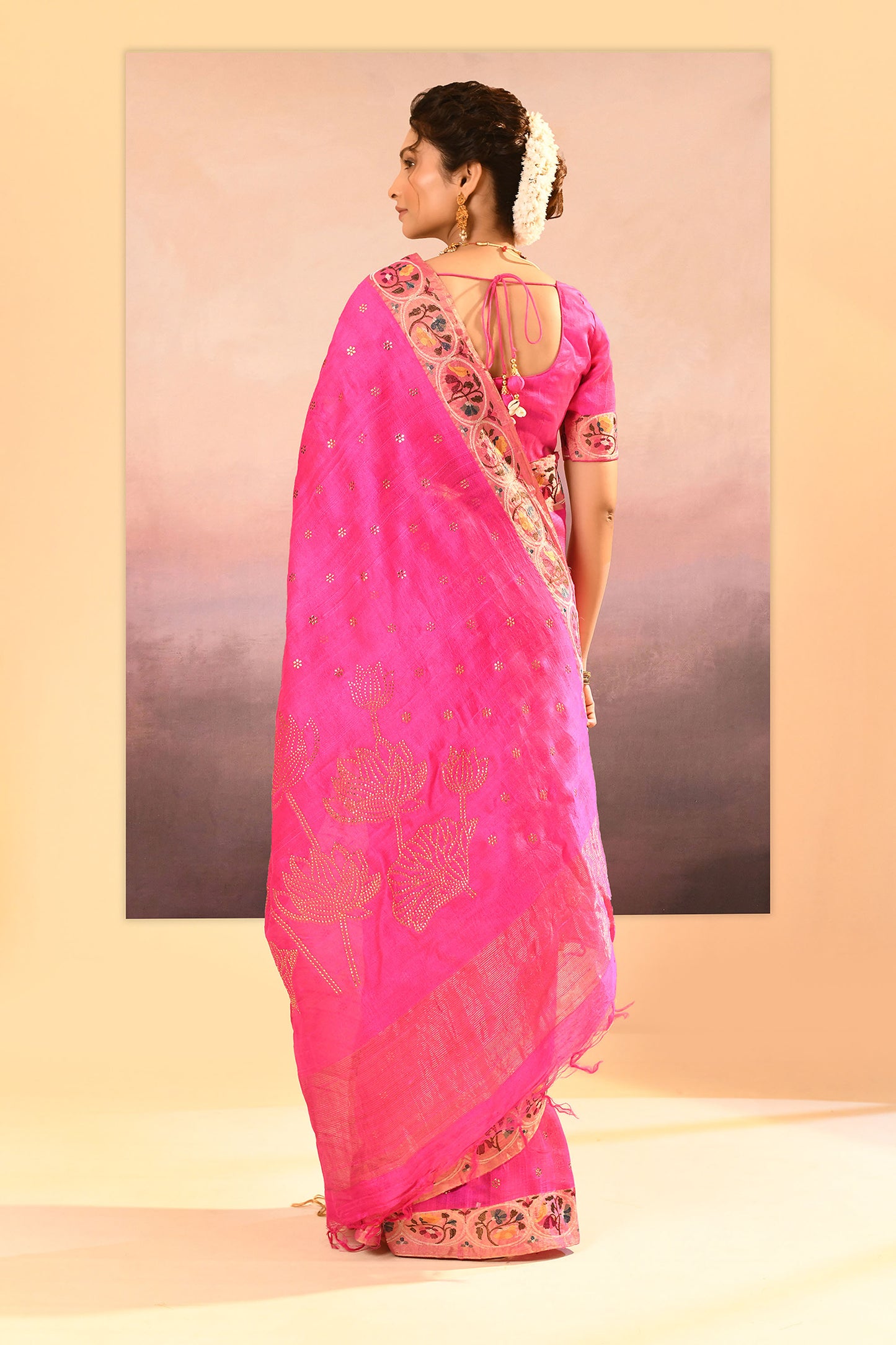 Bright Pink Foil Printed Raw Silk Saree