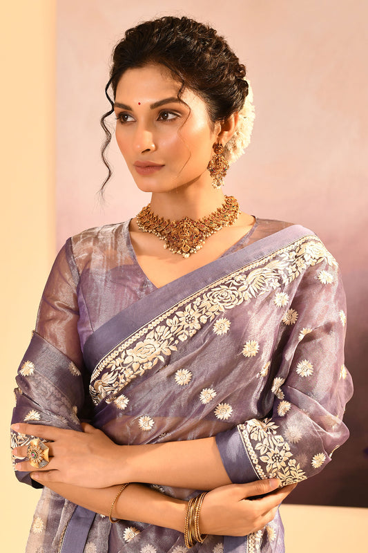 Metallic Dark Purple Tissue Embroidered Saree