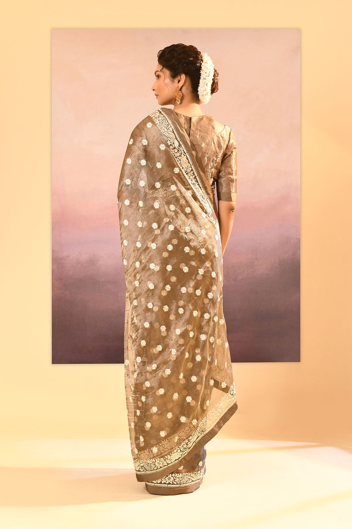 Earthy Green Tissue Embroidered Saree