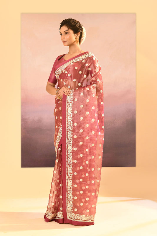 Rosewood Pink Tissue Embroidered Saree