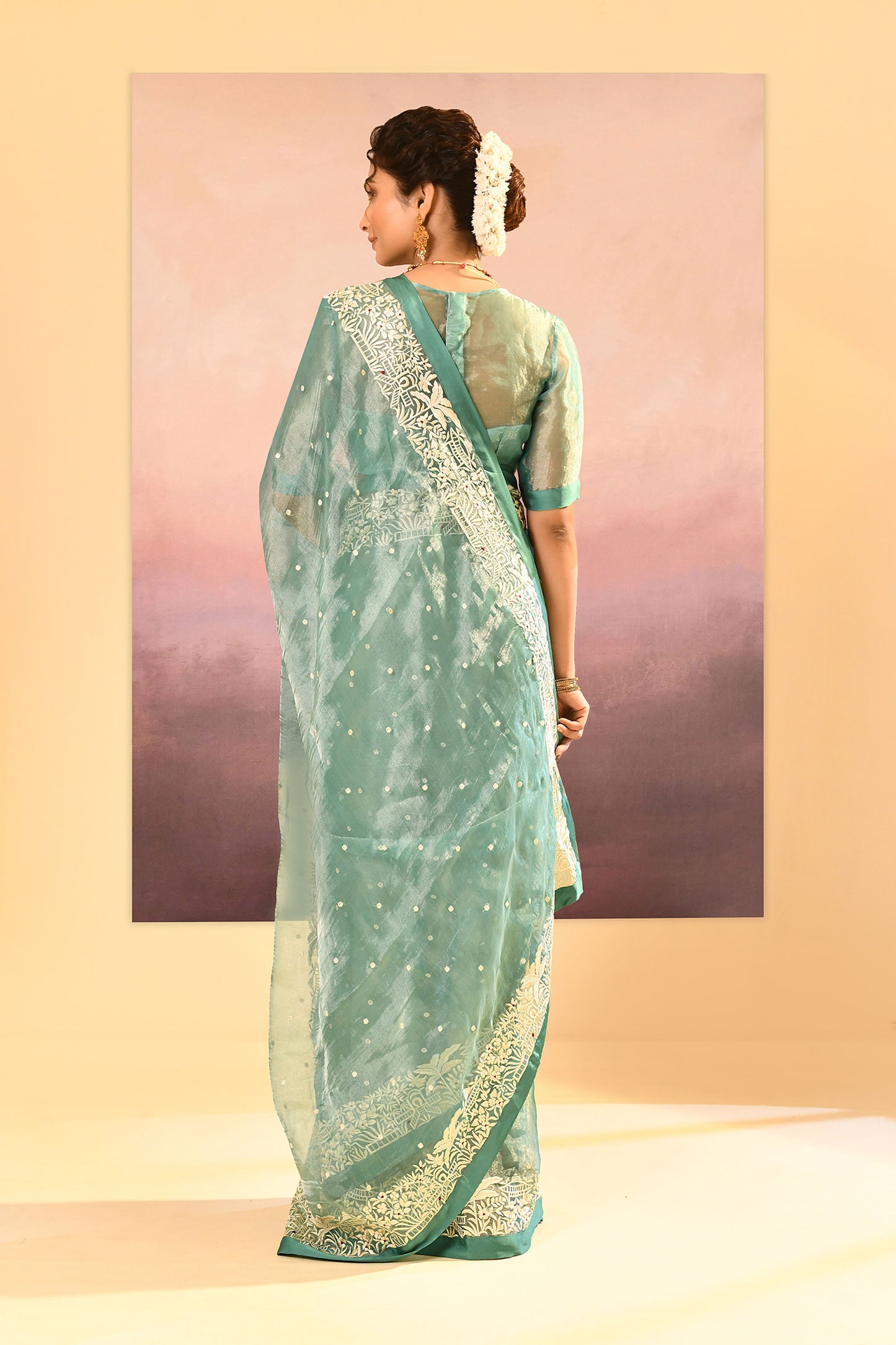 Mint Green Tissue Embroidered Saree