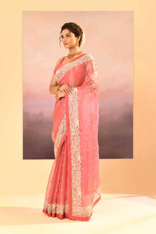 Soft Pink Tissue Embroidered Saree