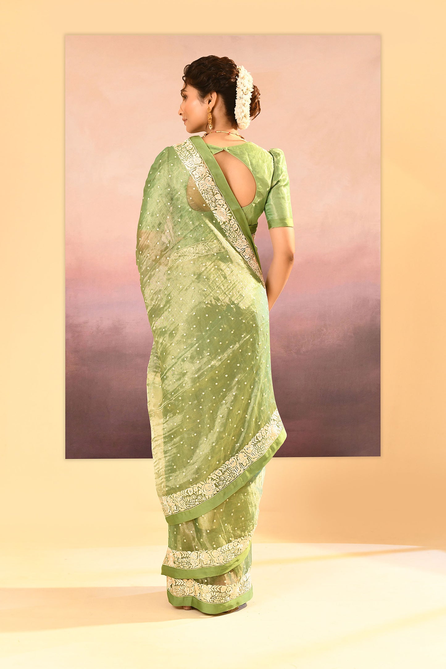 Lime Green Tissue Embroidered Saree