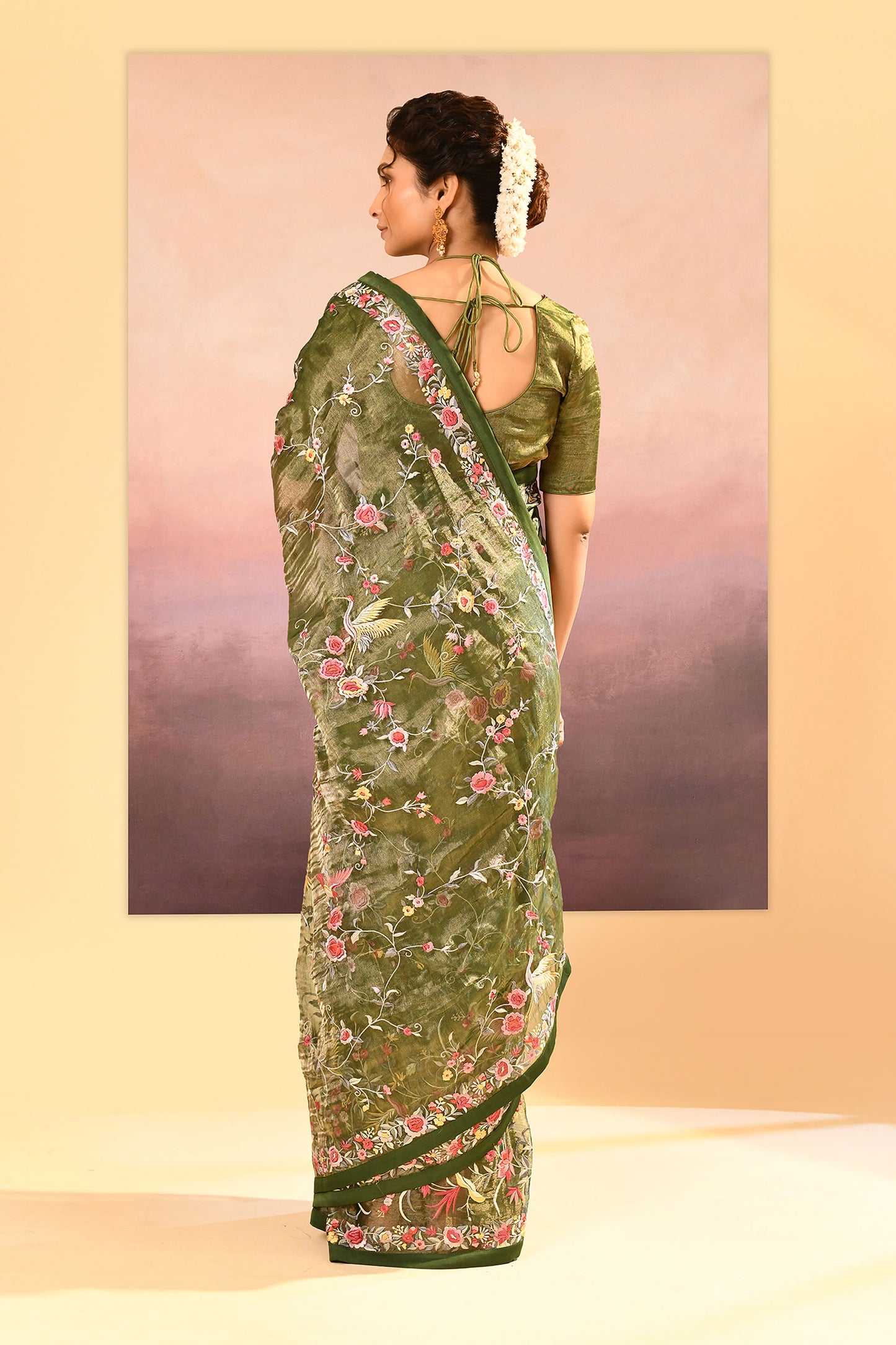 Dark Olive Green Embroidered Tissue Saree