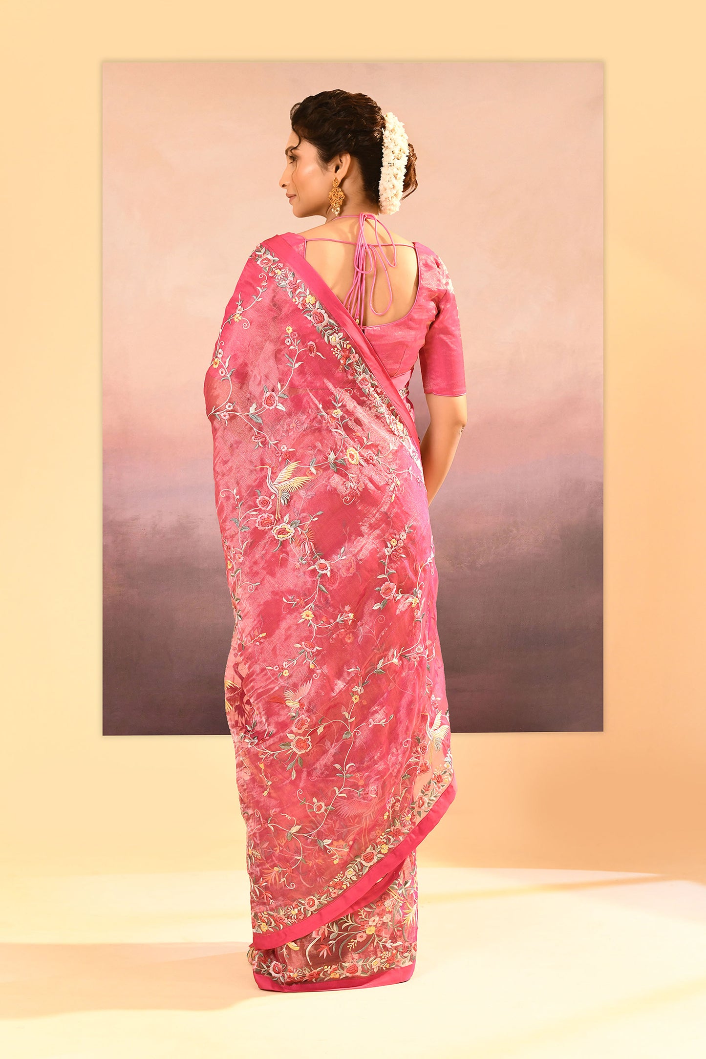 Rose Pink Tissue Embroidered Saree