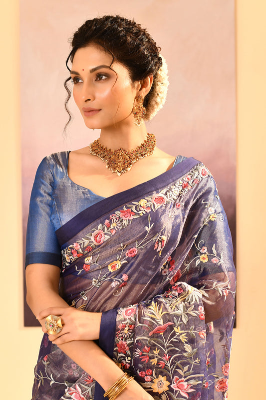 Dark Blue Tissue Embroidered Saree