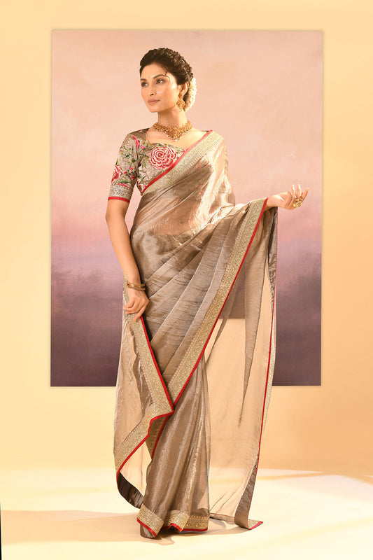 Earthy Dark Green Embroidered Metallic Tissue Saree