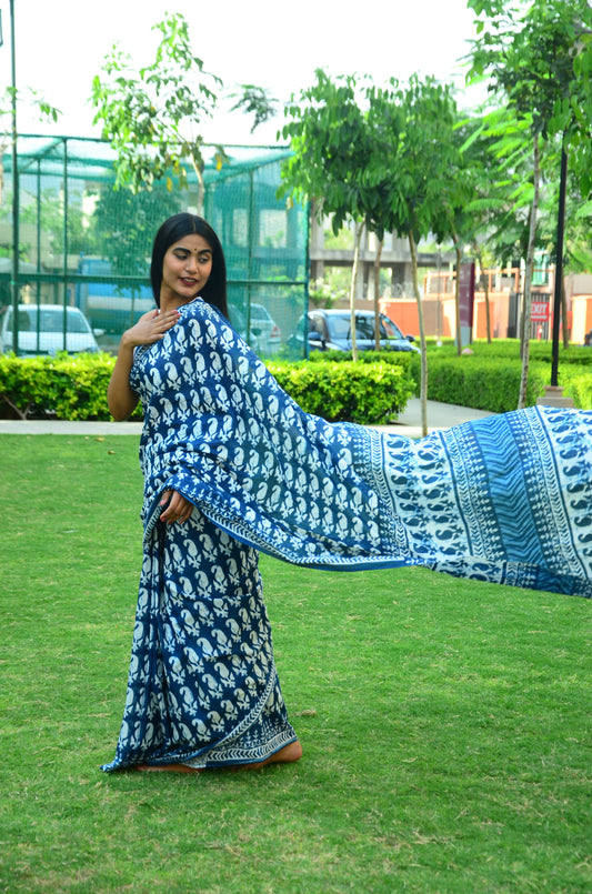 Ocean of Love - Indigo Collection - Blue Cotton Mulmul Bagru Saree