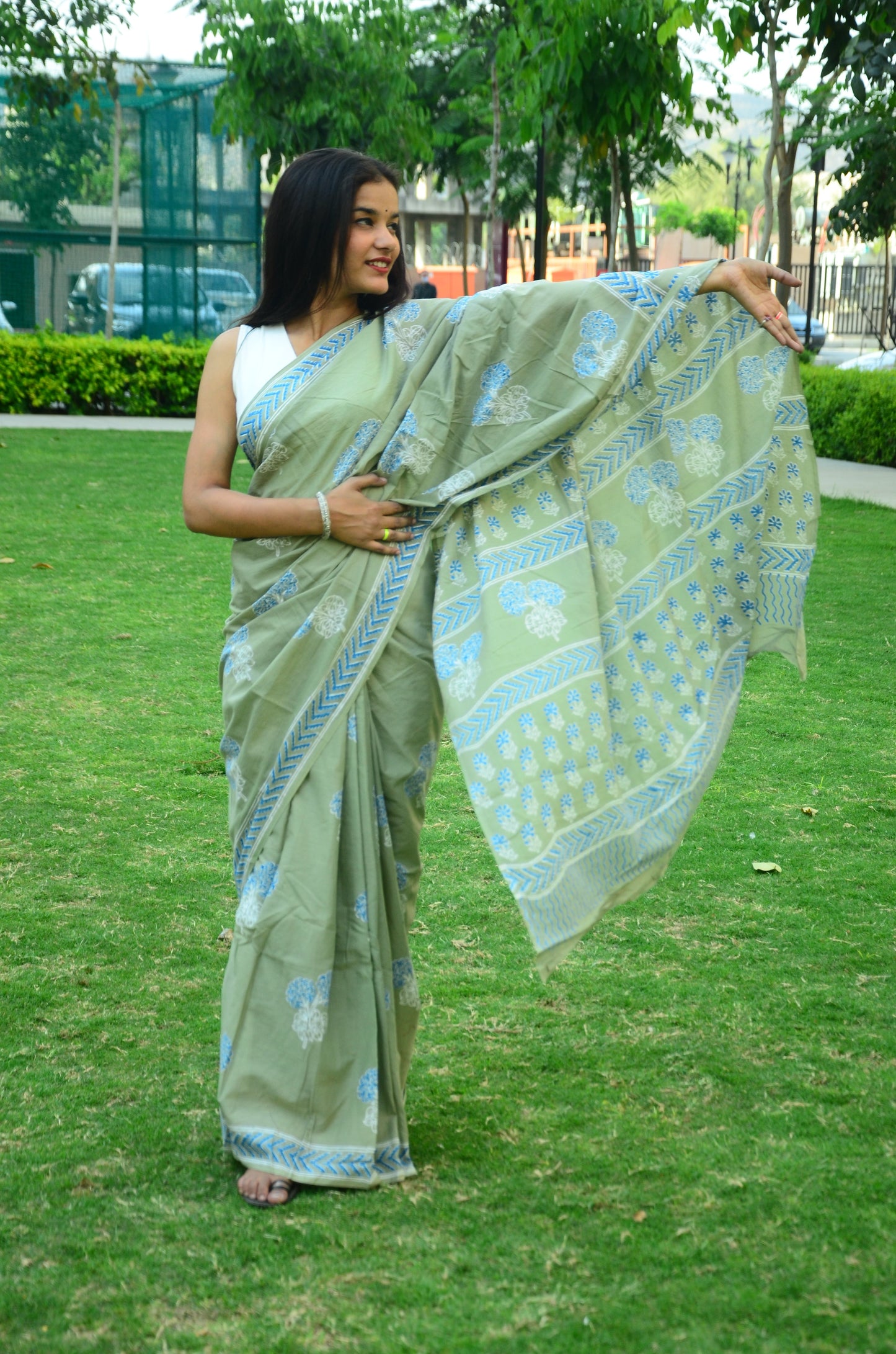 Mood - Green Handblock Print Natural Dyed - Mulmul Cotton Saree