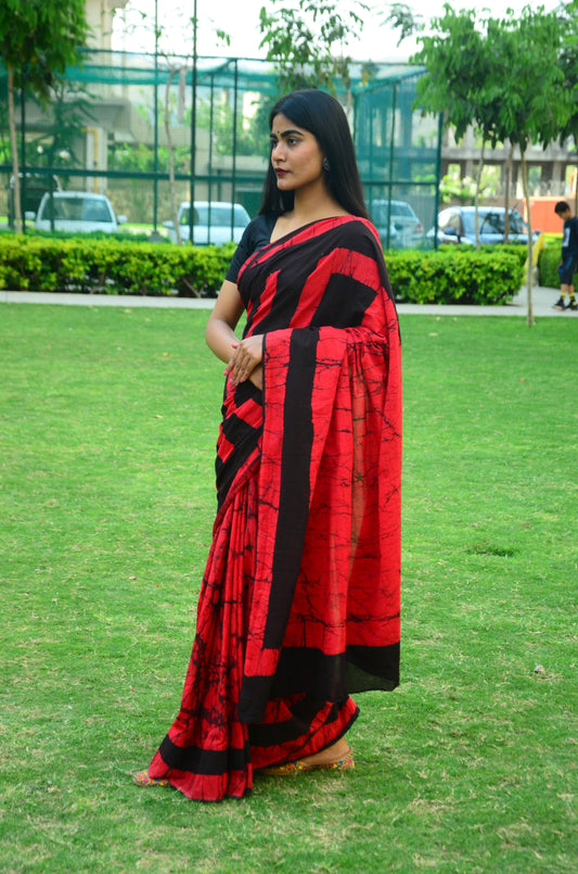 Fire in the Sky - Red Batik Cotton Mulmul Handblock Saree