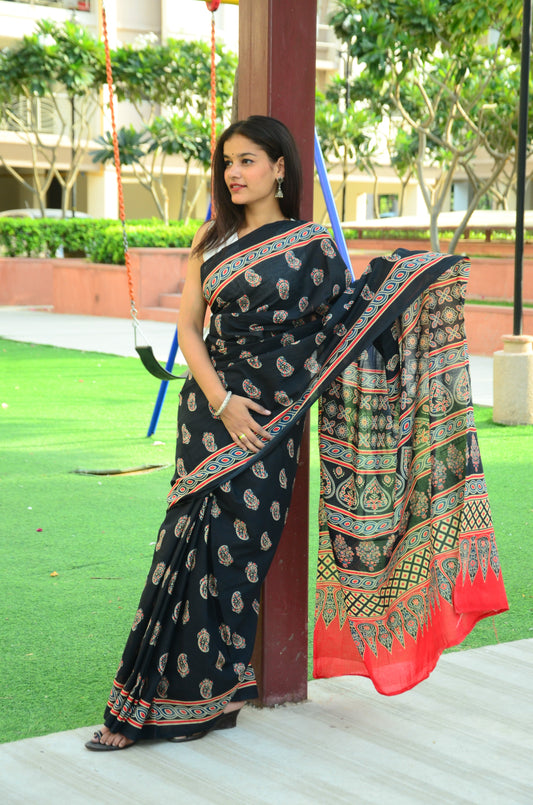 Black Ajrakh - Cotton Mulmul Handblock Saree